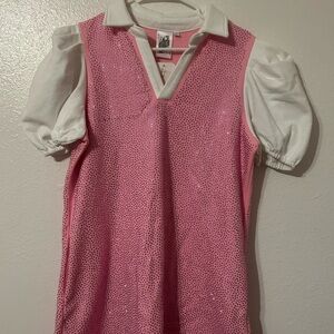 Queen of Sparkles Pink Sequin Sleeveless Polo Dress with White Puff Sleeve Top